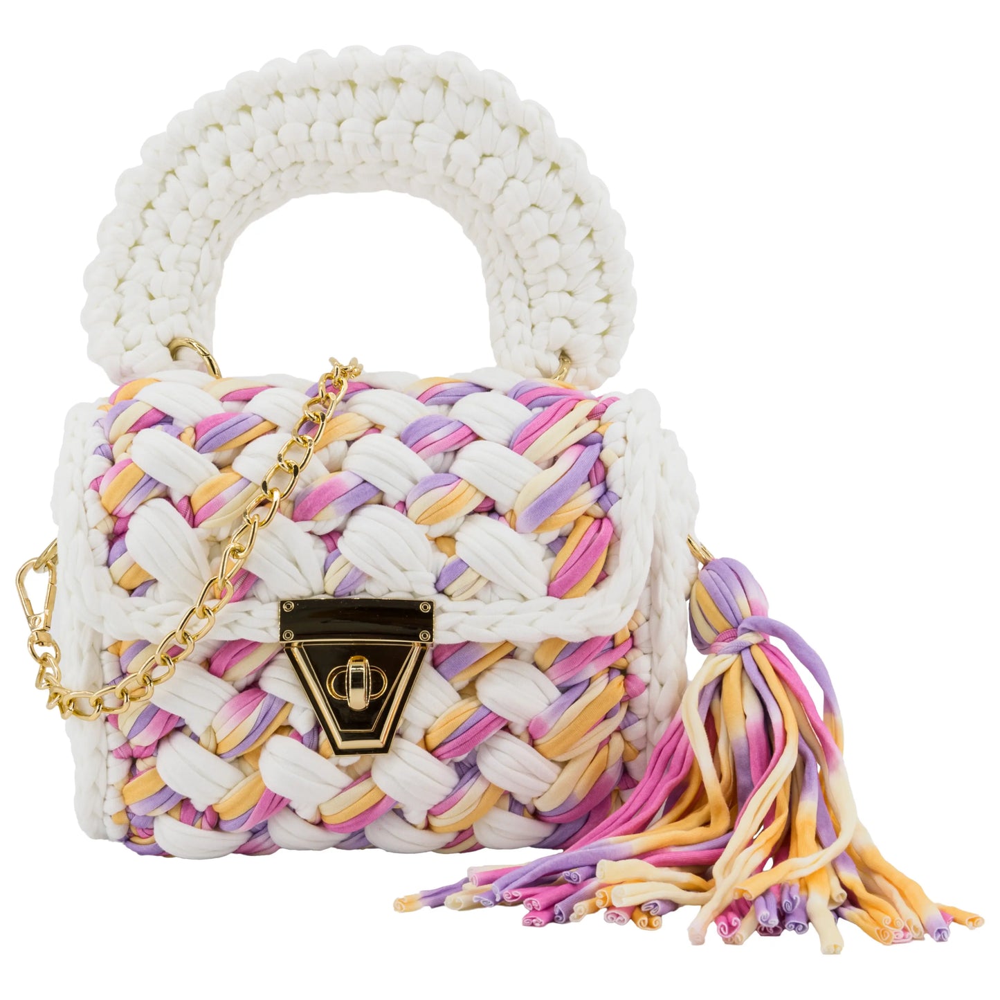 Crochet Handbag with Handle & Tassels-White & Pink