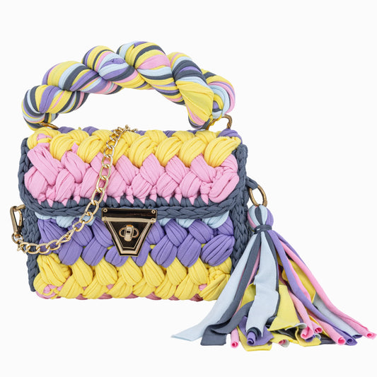 Crochet Handbag with Twist Handle-Yellow & Pink