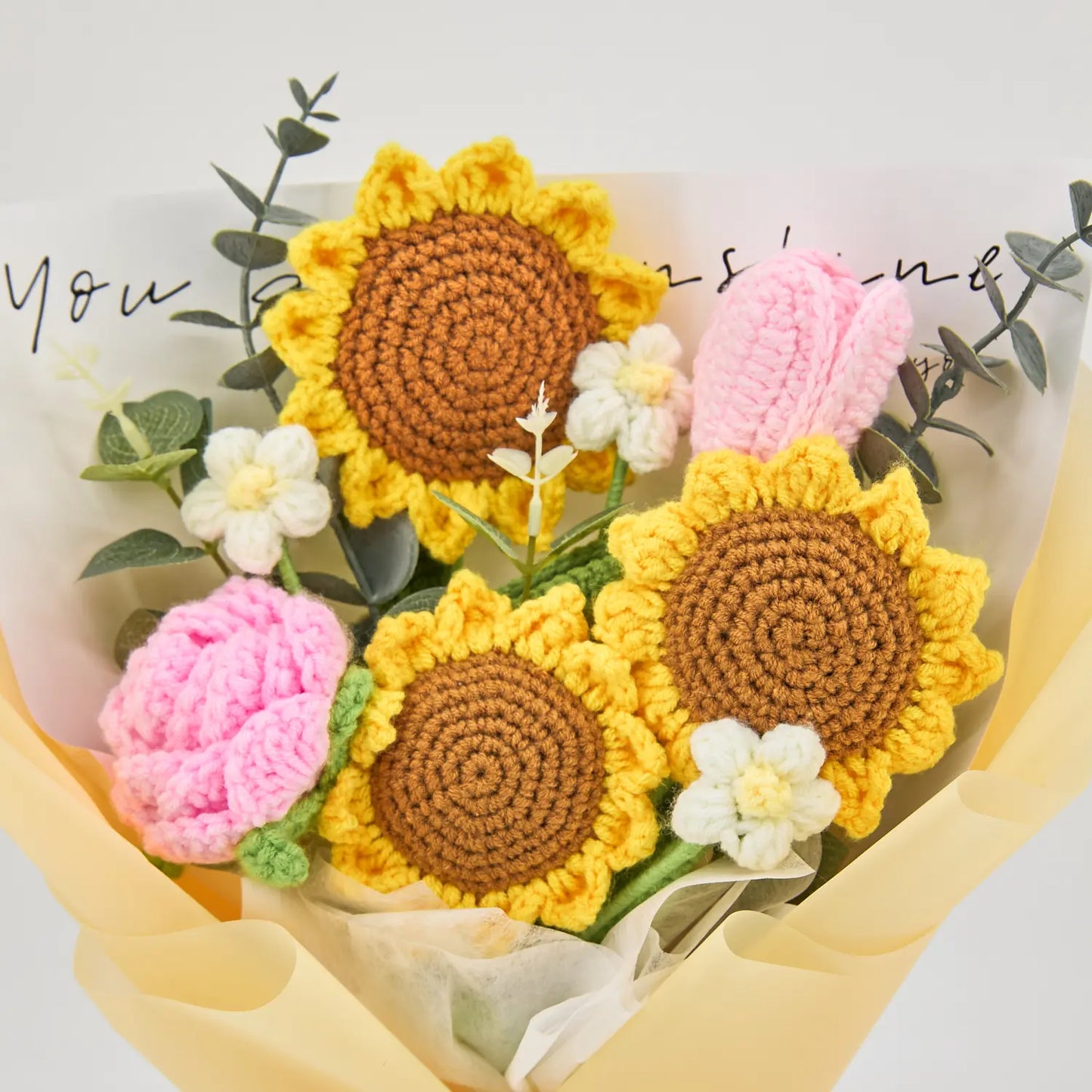 Crochet Sunflower Rose Tulip Bouquet with Yellow Wrapping