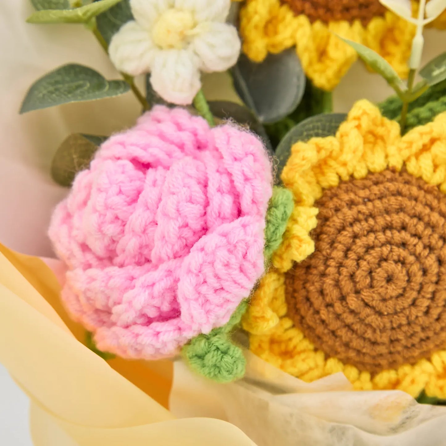 Crochet Sunflower Rose Tulip Bouquet with Yellow Wrapping
